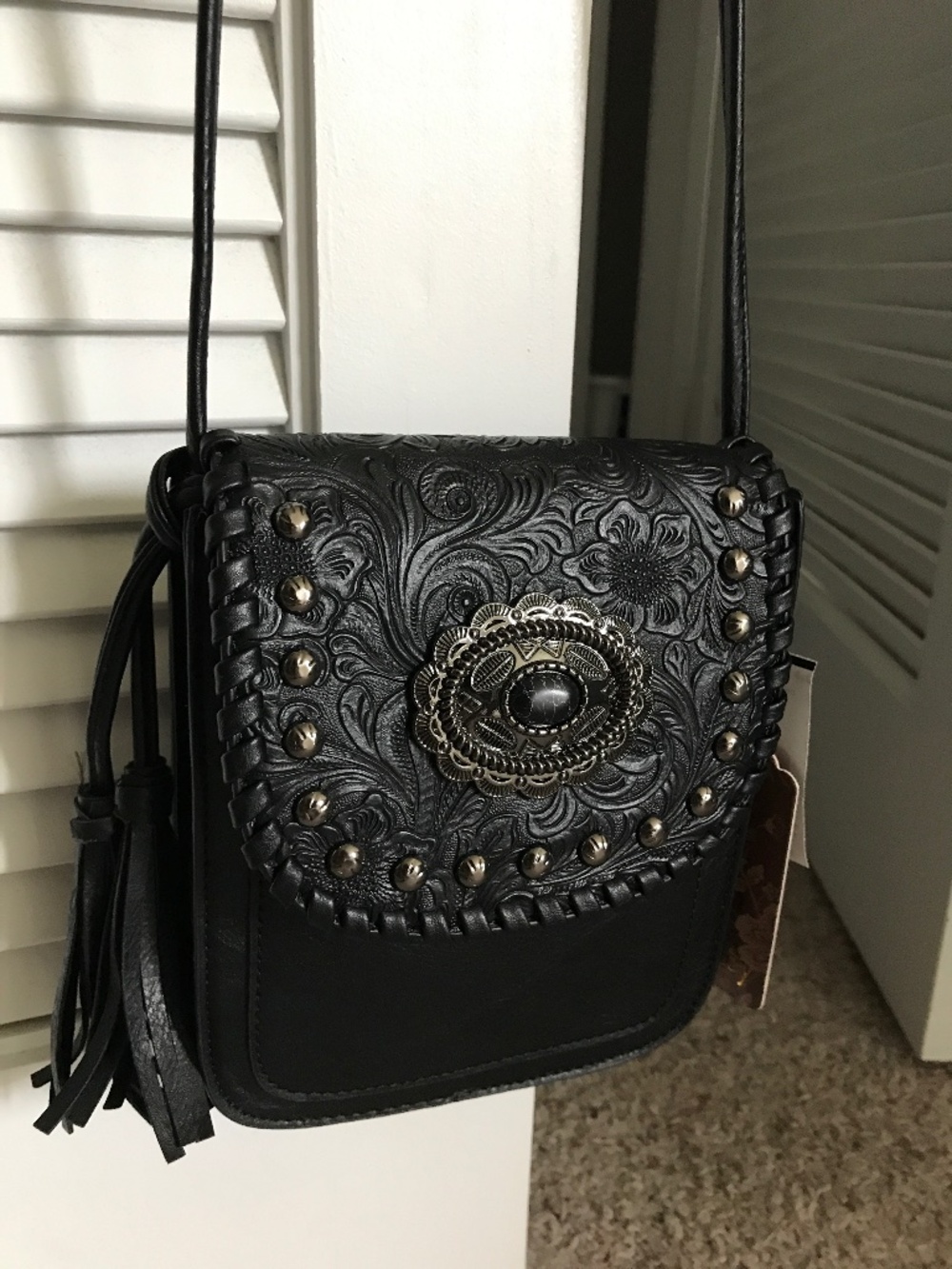 New Sam & Hadley Faux Leather Medallion metal-Studded Front Crossbody Bag